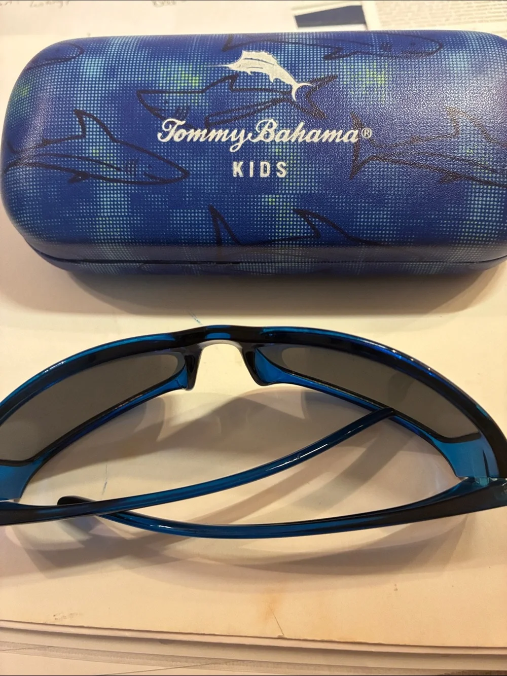 Tommy Bahama Kids Blue Sunglasses with Shark Print Case